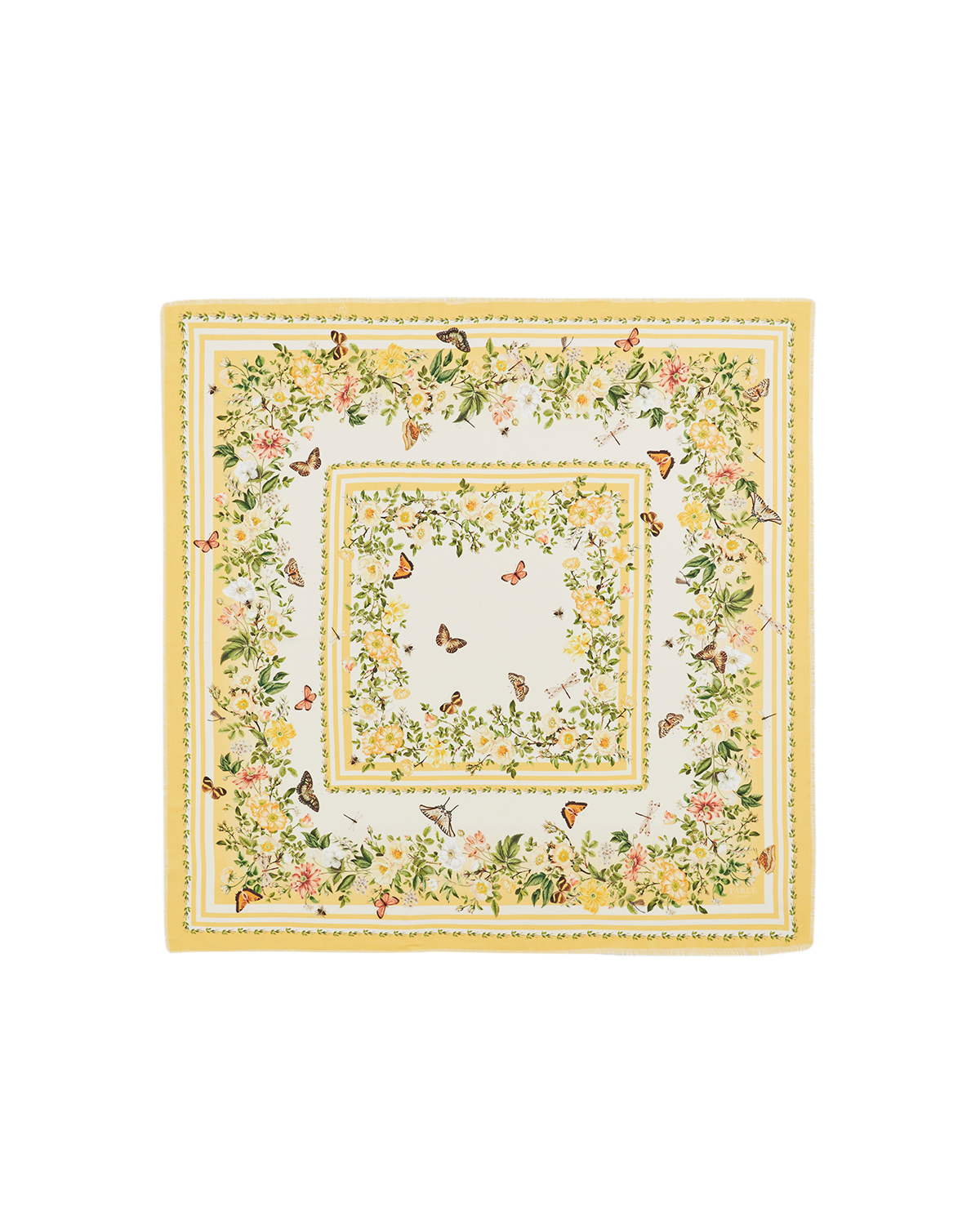 Yellow Cybele Narrative Square Scarf featuring vibrant floral and butterfly patterns in soft twill fabric.