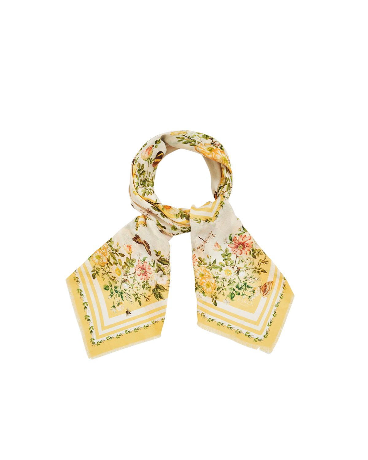 Yellow Cybele Narrative Square Scarf with cheerful floral design and twill finish.