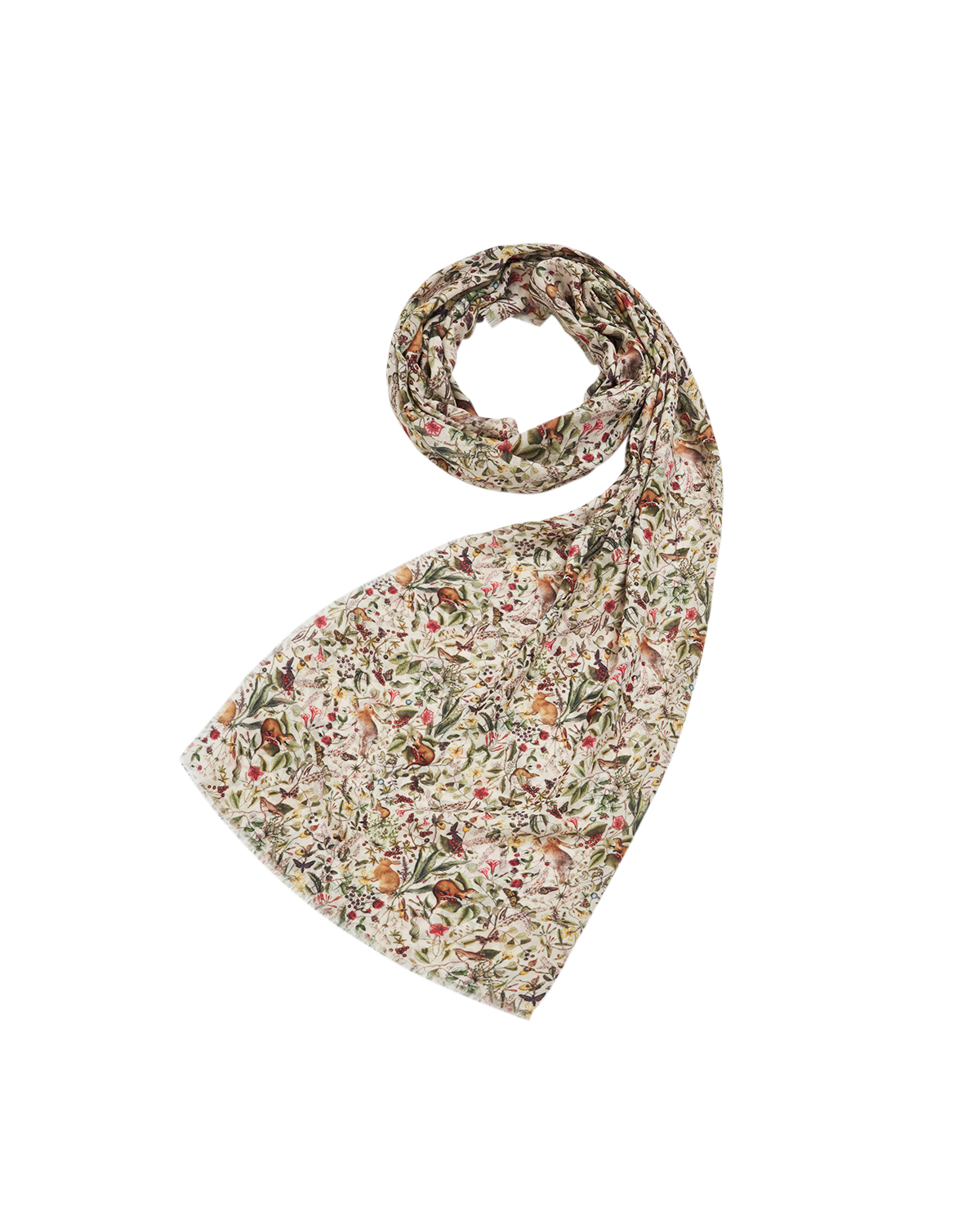 Cream Garden Floral Lightweight Long Scarf featuring a woodland-inspired print and delicate mini cut fringes.