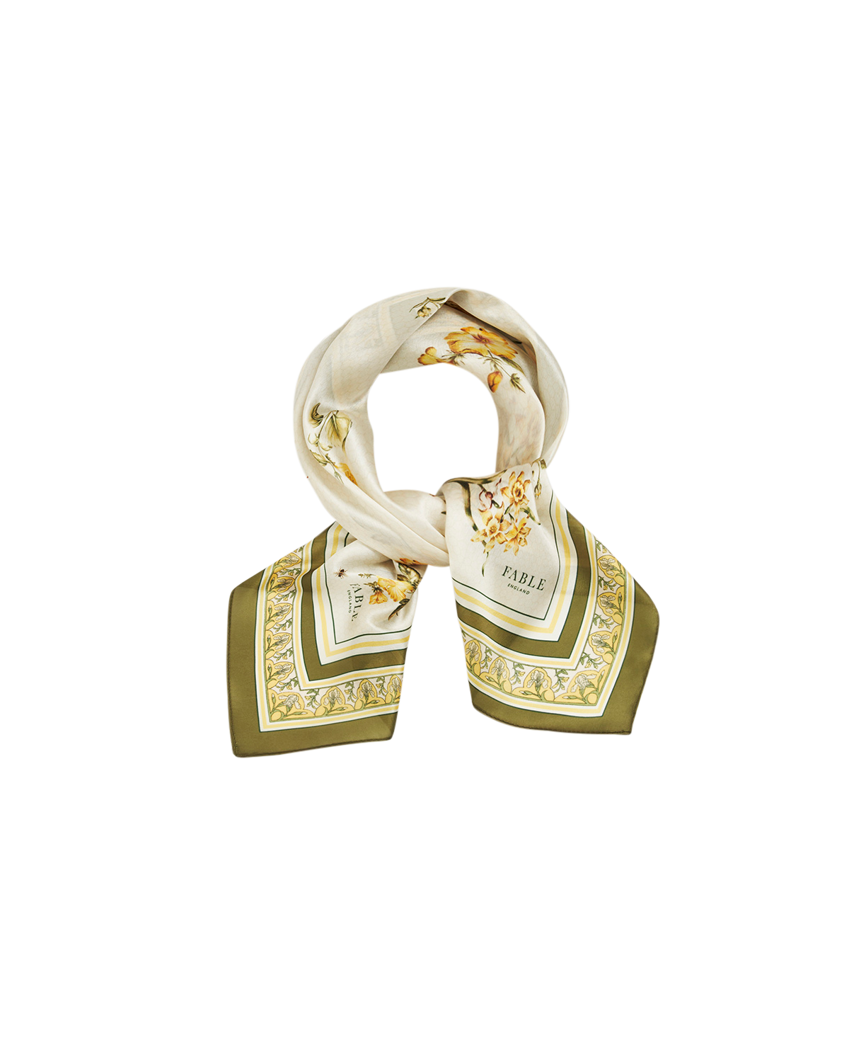Yellow Nouveau Floral Square Scarf featuring cheerful yellow flowers and khaki trims.