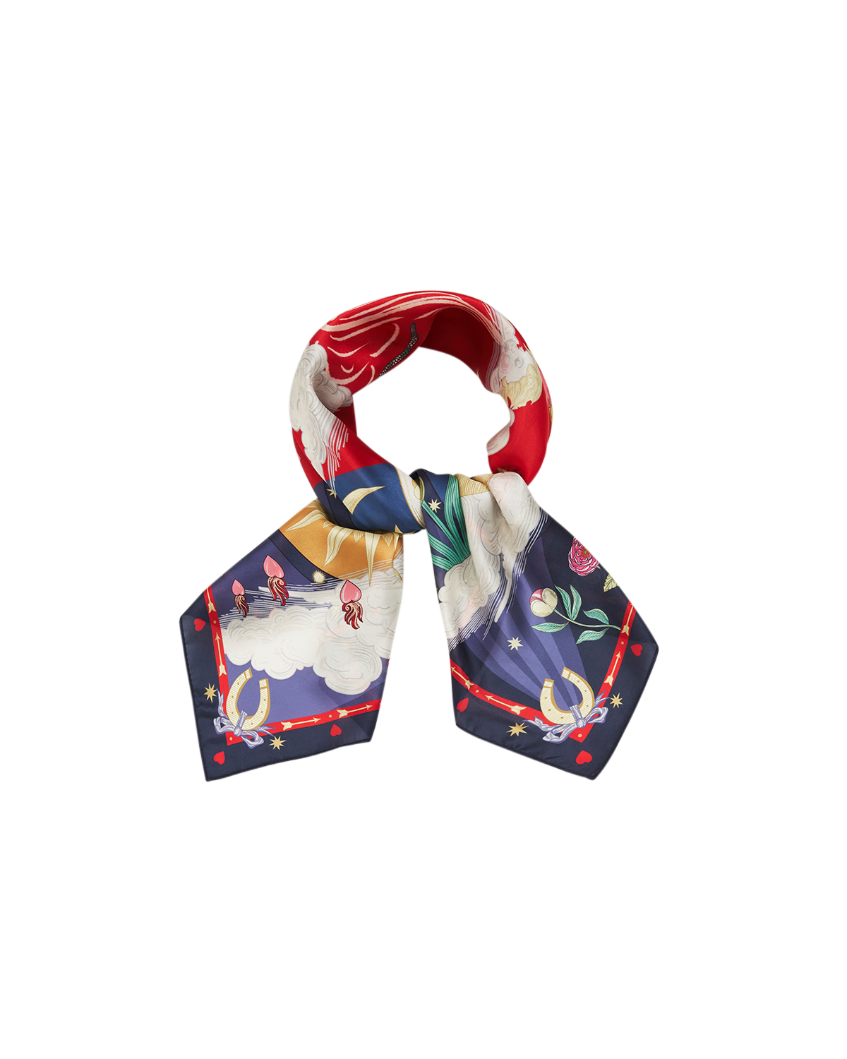 Freya's Heart Navy Story Square Scarf tied in a knot on a white background