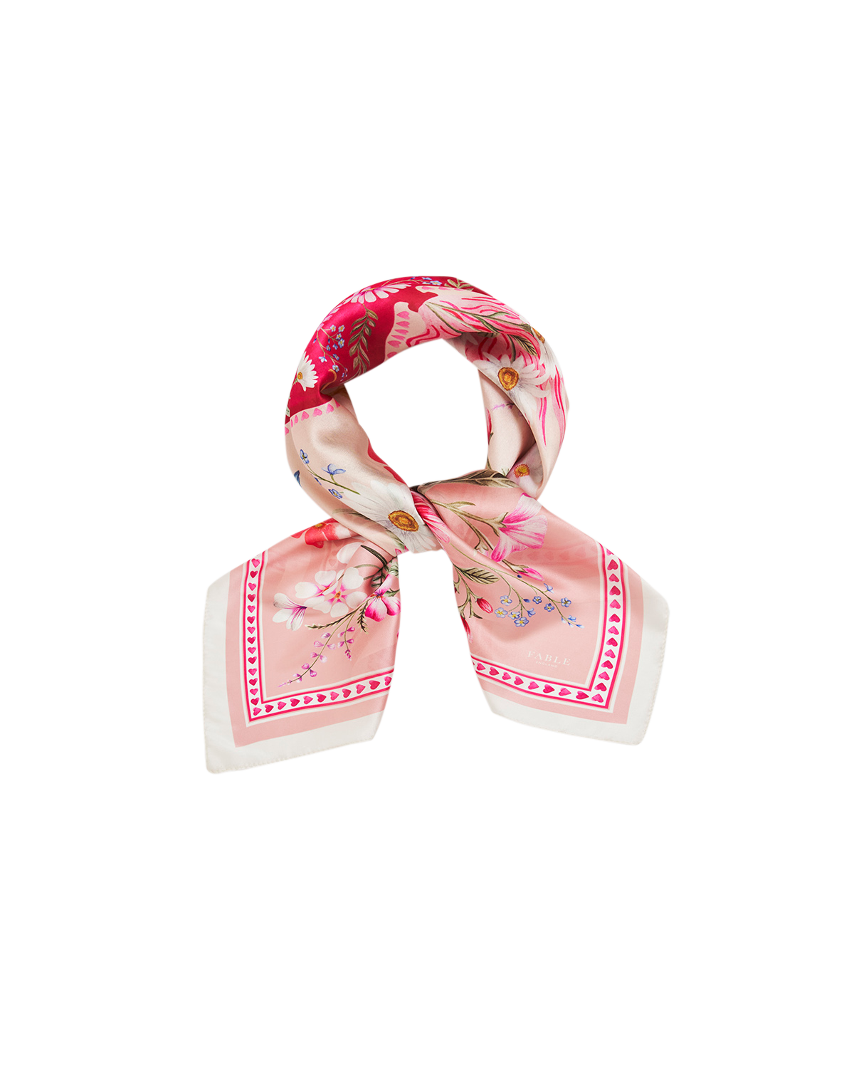 Pink Penelope Square Scarf featuring a floral design in shades of pink and lightweight, silky fabric.