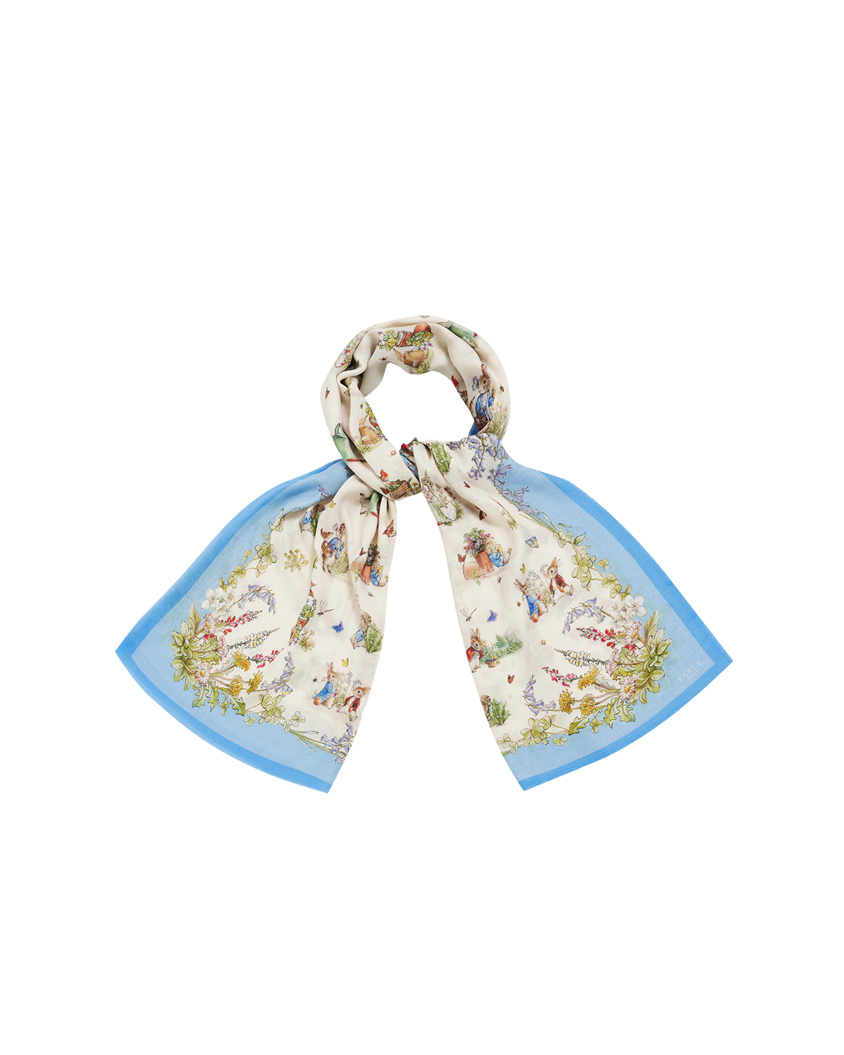 Fable England x Peter Rabbit Cream Rectangle Scarf elegantly styled with delicate illustrations and light blue trims.