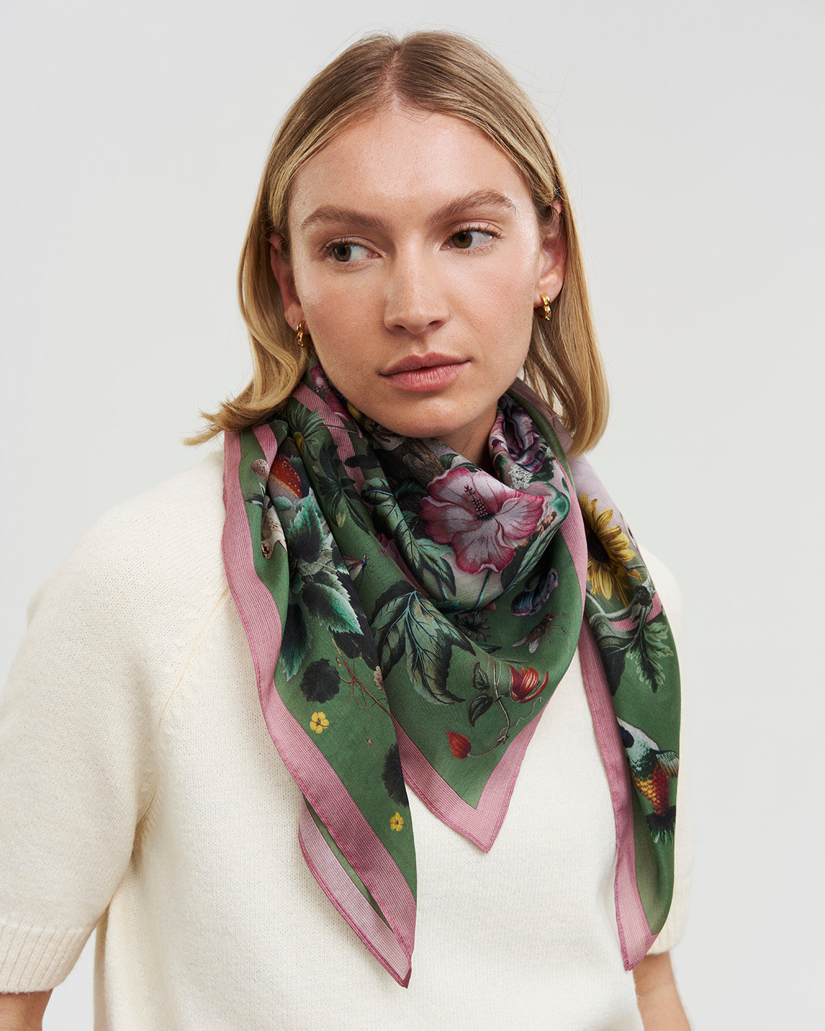 Circe Silk Blend Medium Square Scarf in Khaki