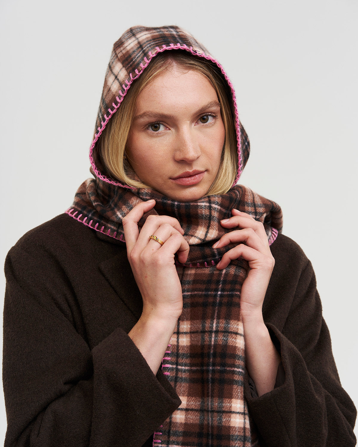 Check Hooded Scarf in Chocolate