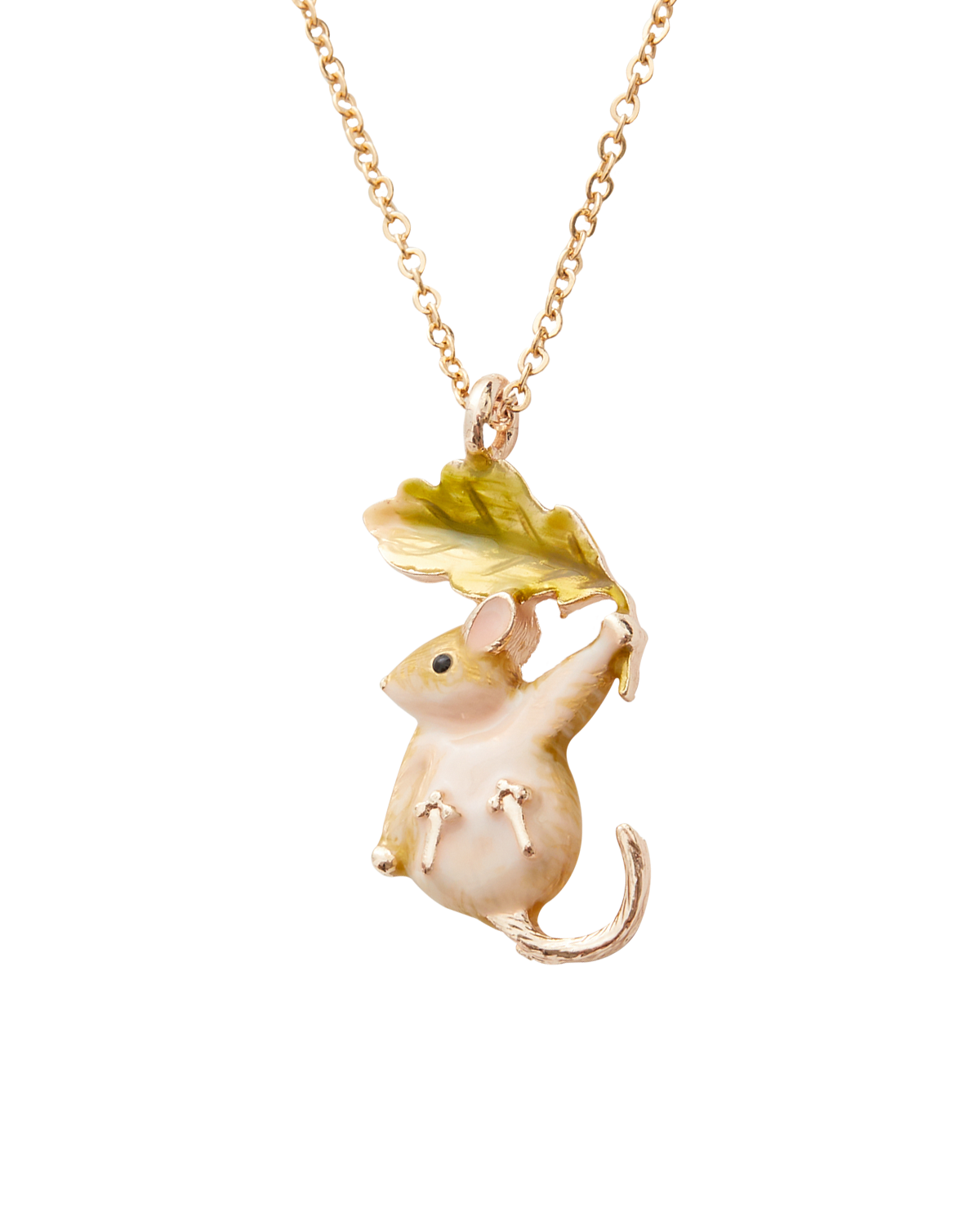 Dormouse pendant necklace with a leaf on a white background