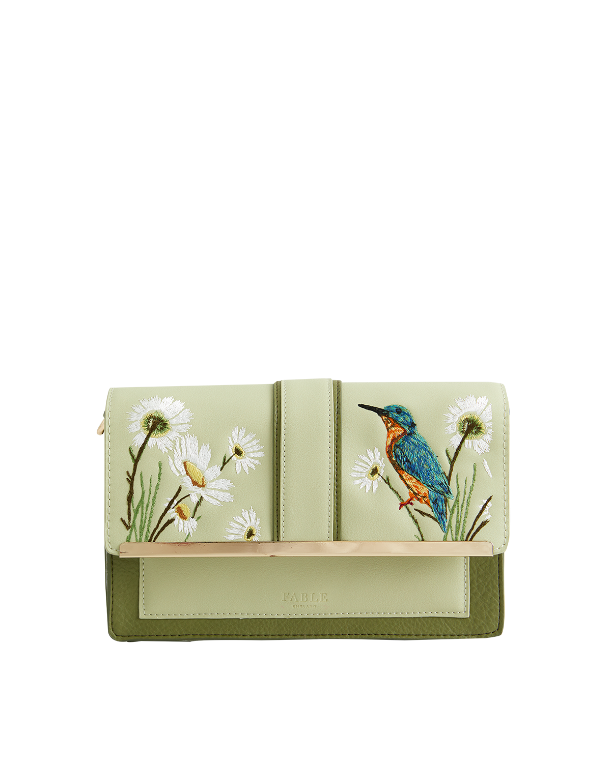 Green handbag with kingfisher and flower design on a white background