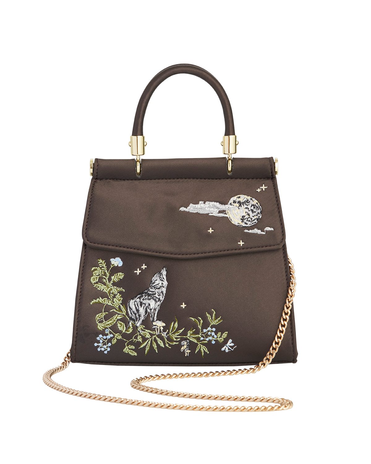 Wolf & Moon Embroidered Charcoal Satin Tote