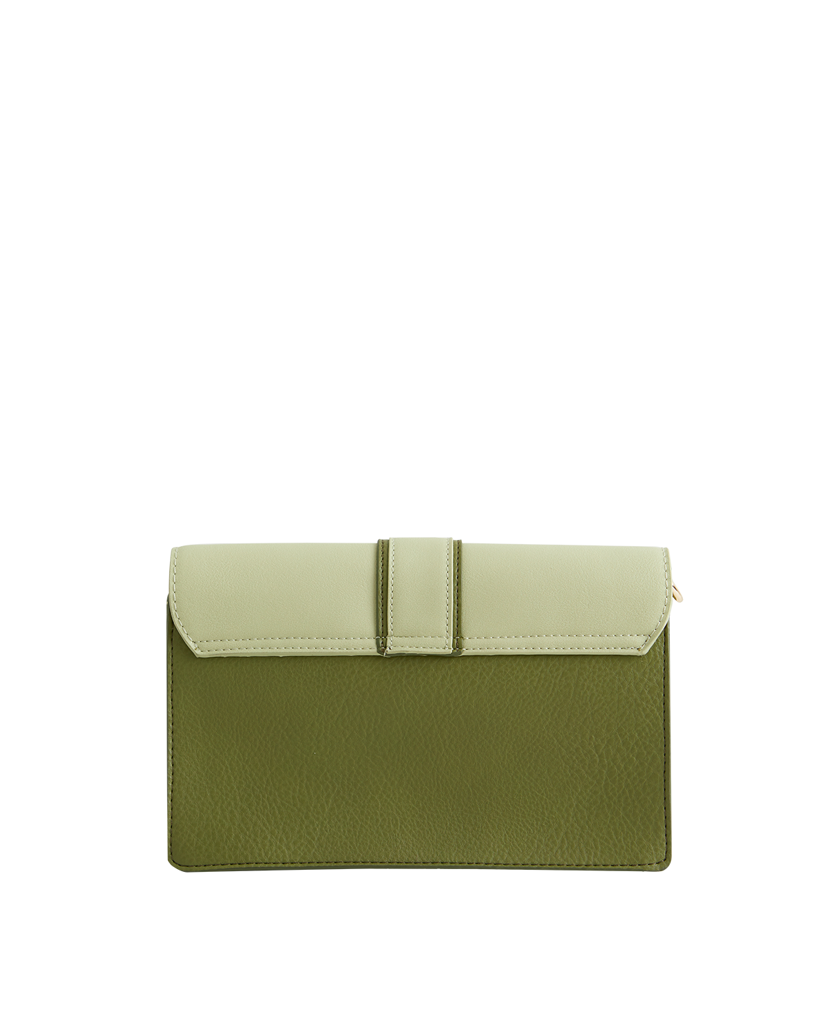 Green clutch bag with a piping detail on a white background