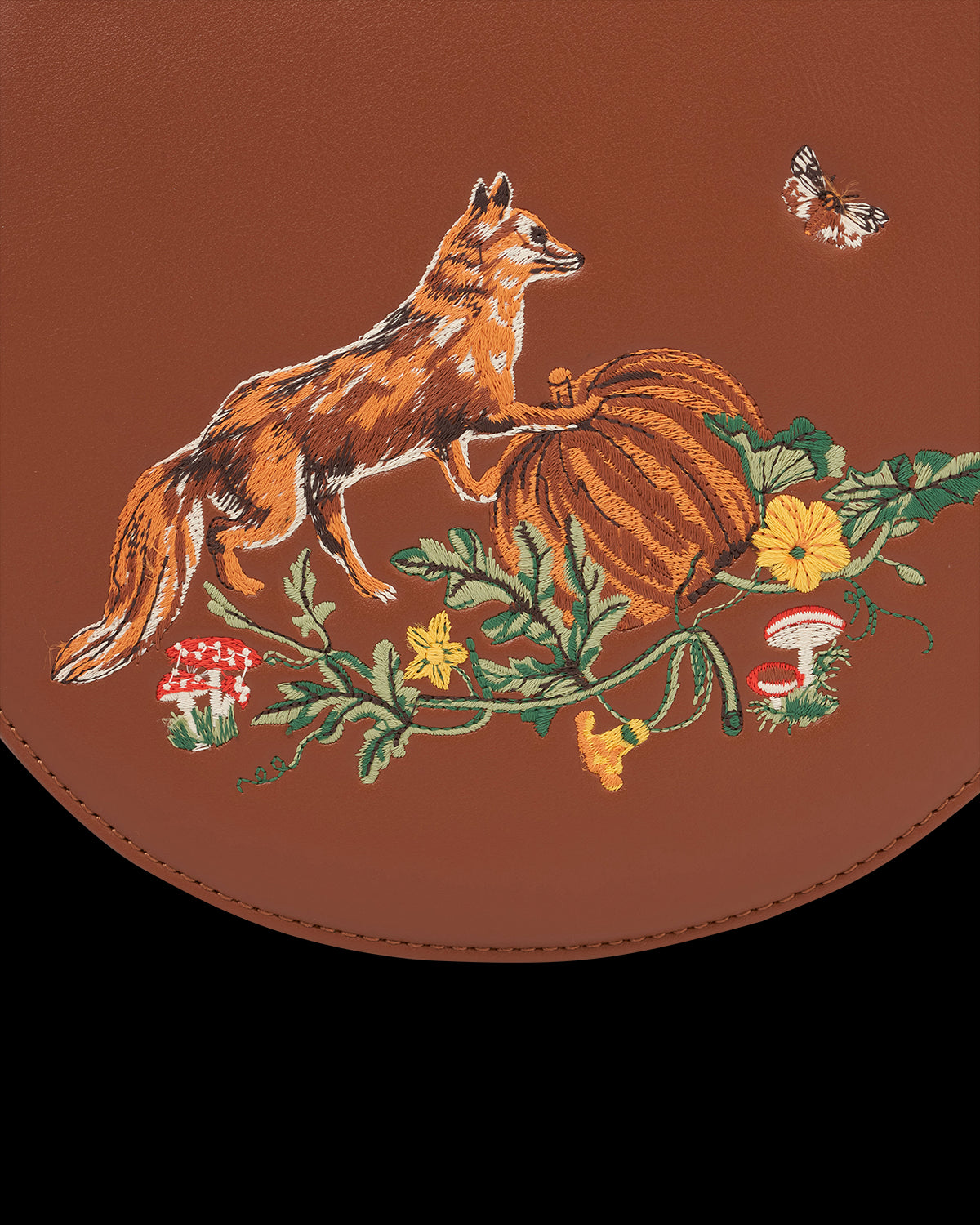 Fox & Pumpkin Embroidered Tan Saddle Bag