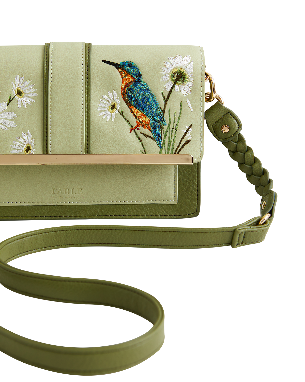 Green handbag with kingfisher and flower embroidery on a white background