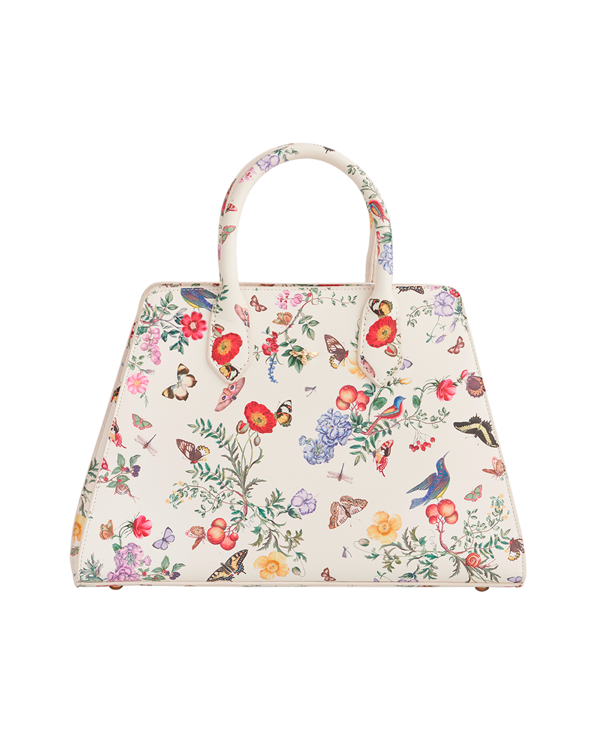 Floral and butterfly patterned handbag on a white background