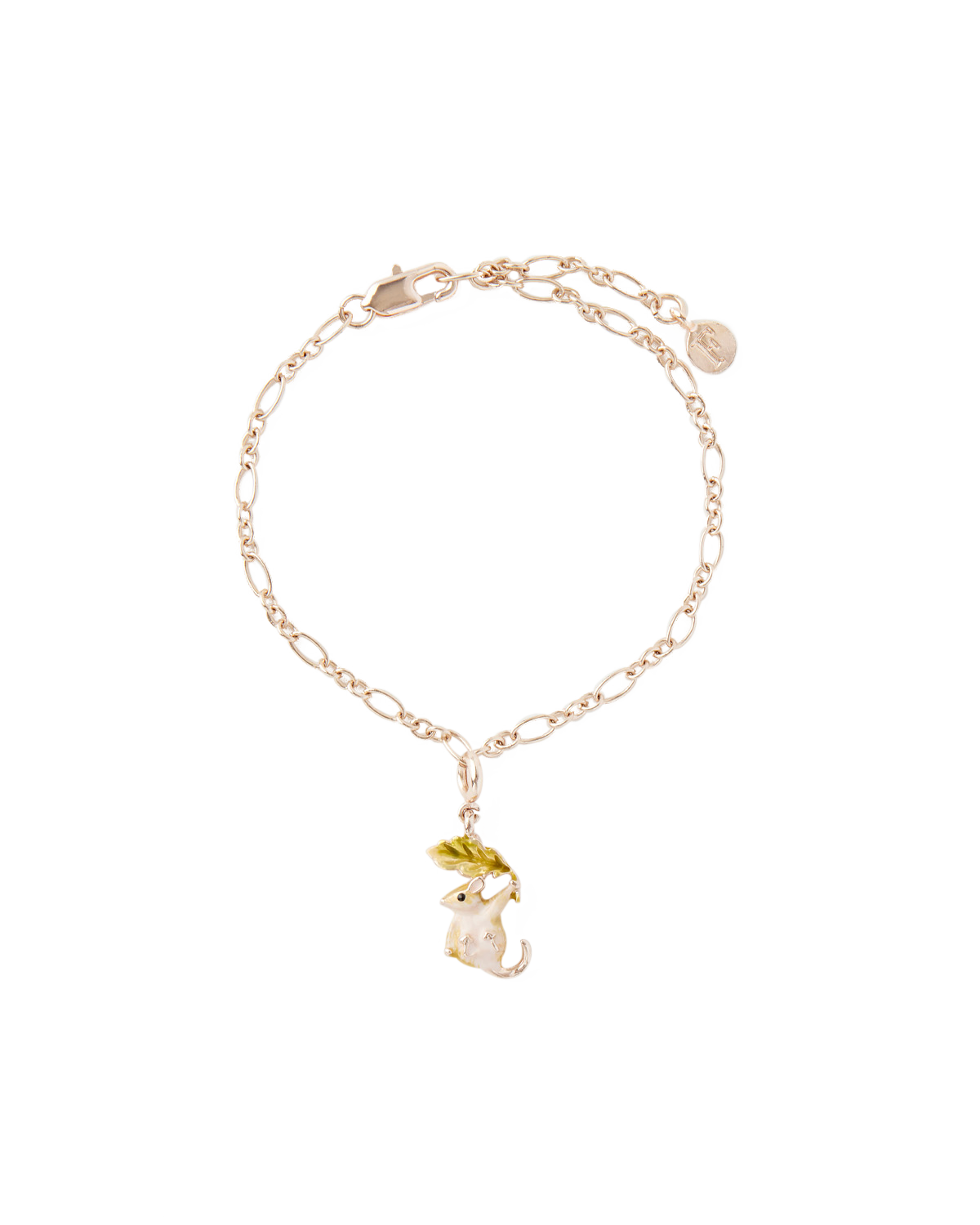 Rose Gold bracelet with a small Dormouse enamel charm on a white background