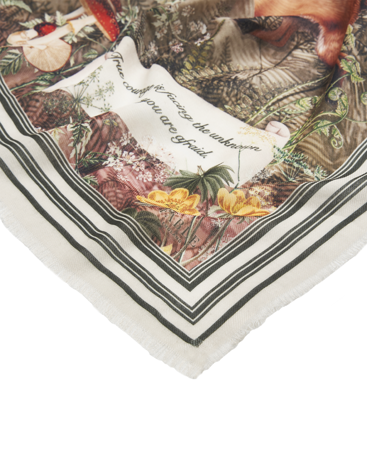 Decorative scarf with nature-themed print and text on a white background