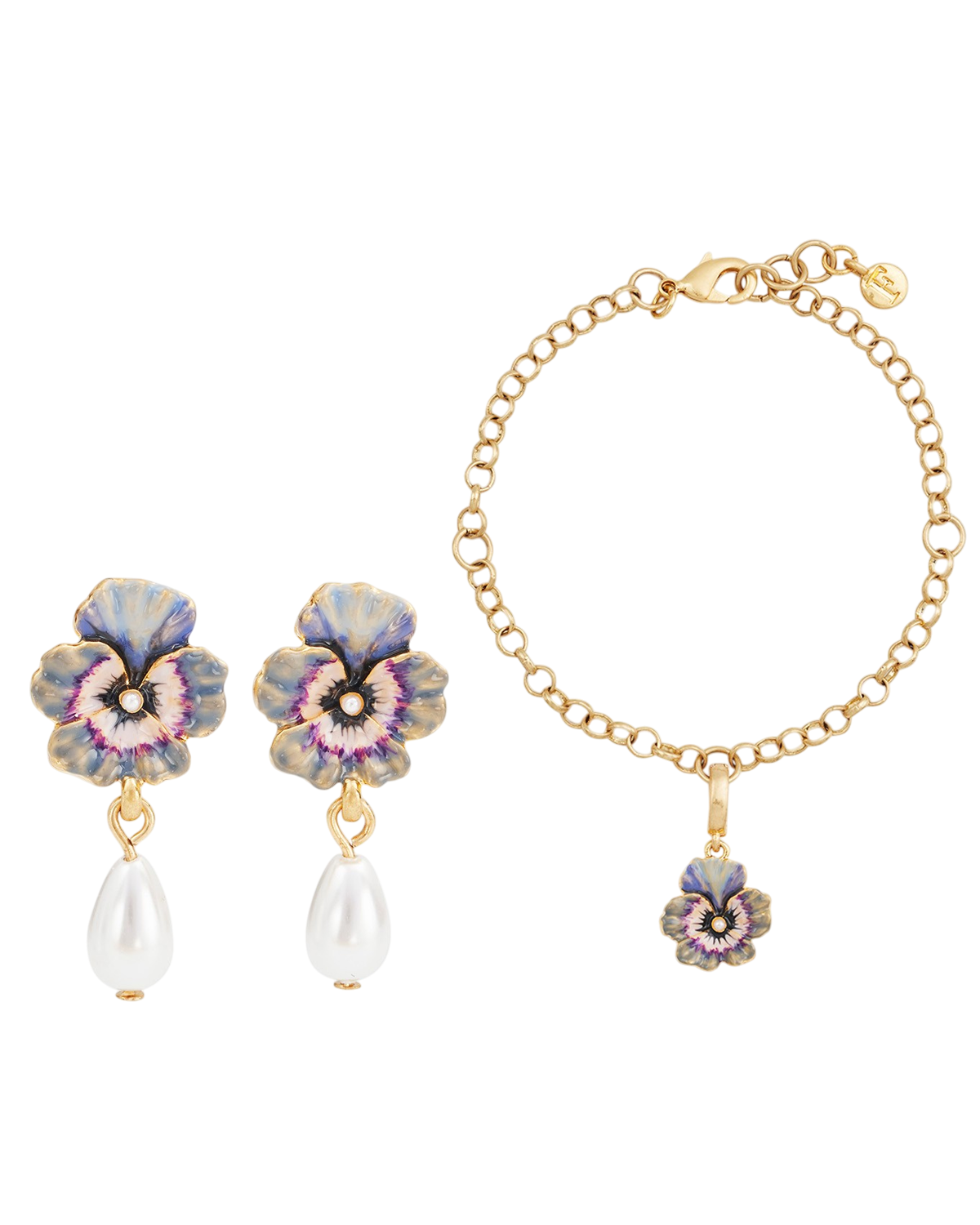 Jewelry set with floral earrings and bracelet on a white background