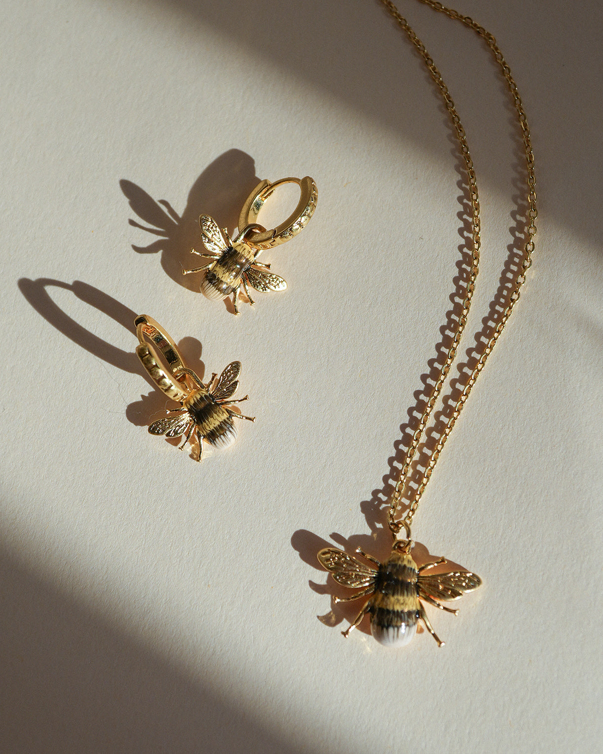 Gold Bee Necklace & Huggie Earrings Set