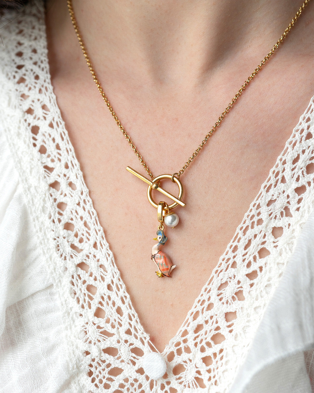 Jemima Puddle duck peter rabbit charm on gold toggle necklace