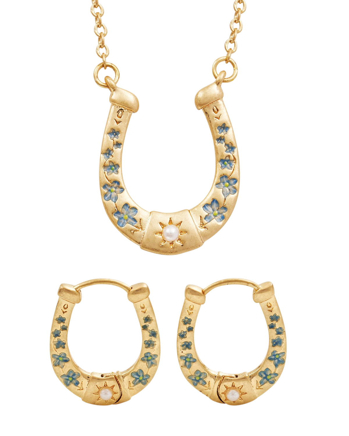 Gold horseshoe-shaped earrings with floral designs on a white background