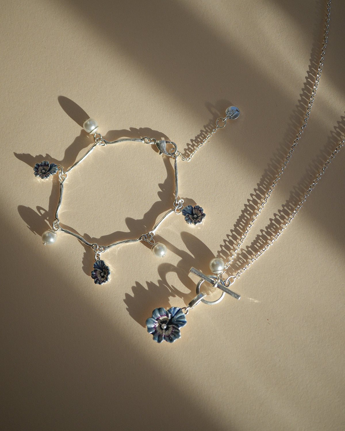 Silver Pansy & Pearl Toggle Necklace & Charm Bracelet Set