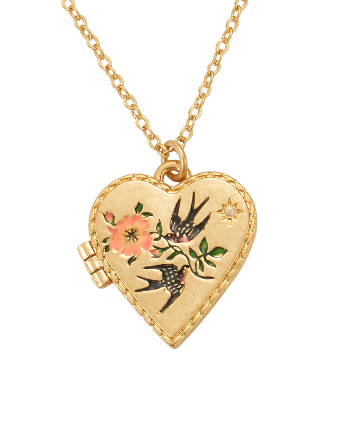 Gold heart-shaped locket with bird and floral design on a white background