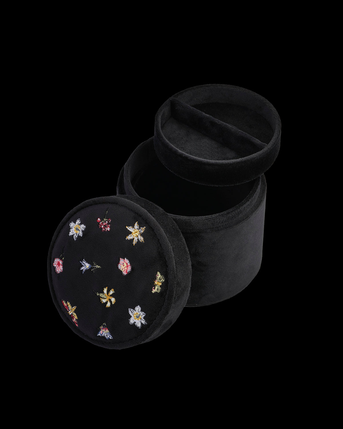 フローラル ディッツィ 刺繍入り ブラックベルベット ラウンドジュエリーボックス
