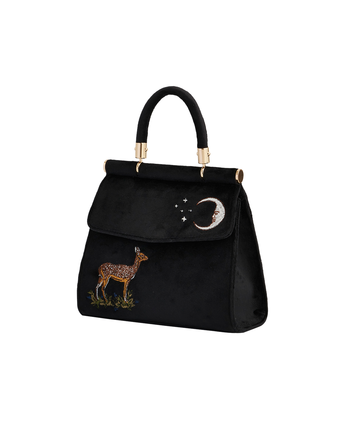 Deer & Moon Embroidered Black Velvet Tote