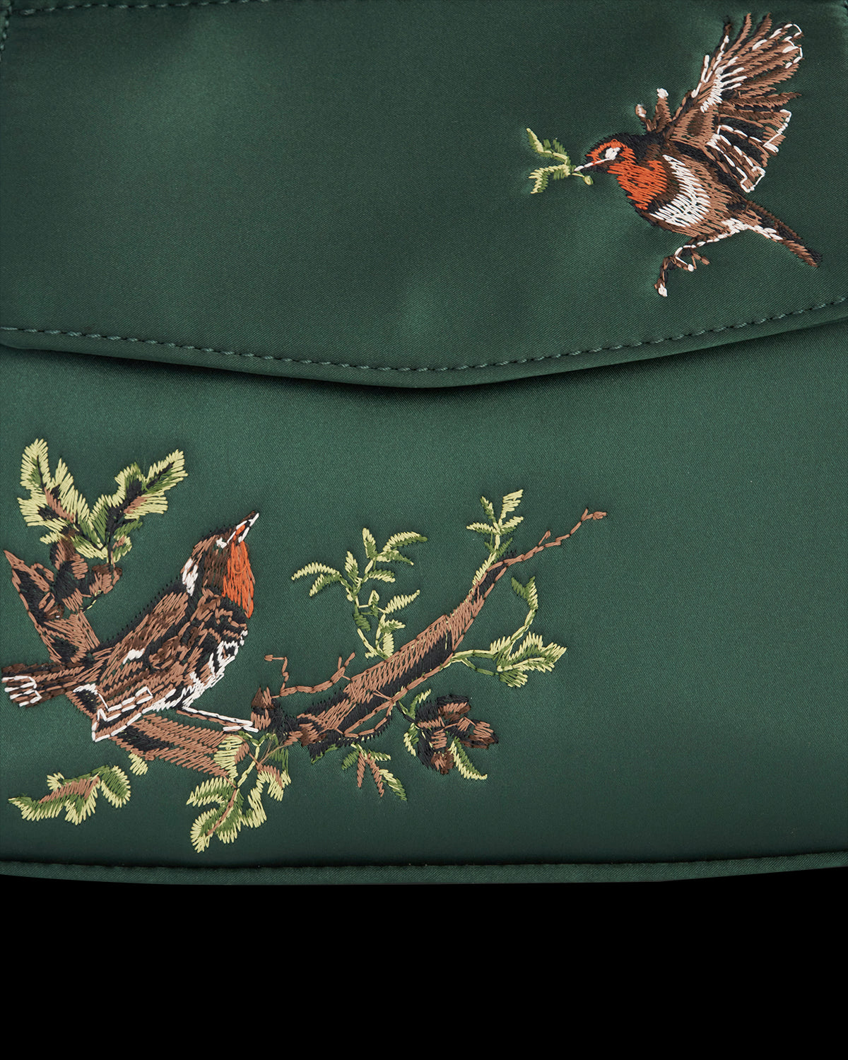 Bolso Tote Satén Bordado Petirrojos Enamorados - Verde