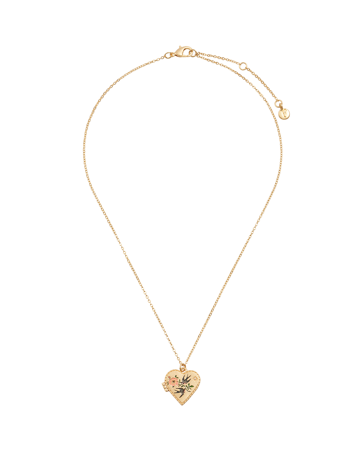 Collar con cadena y relicario en forma de corazón y golondrina