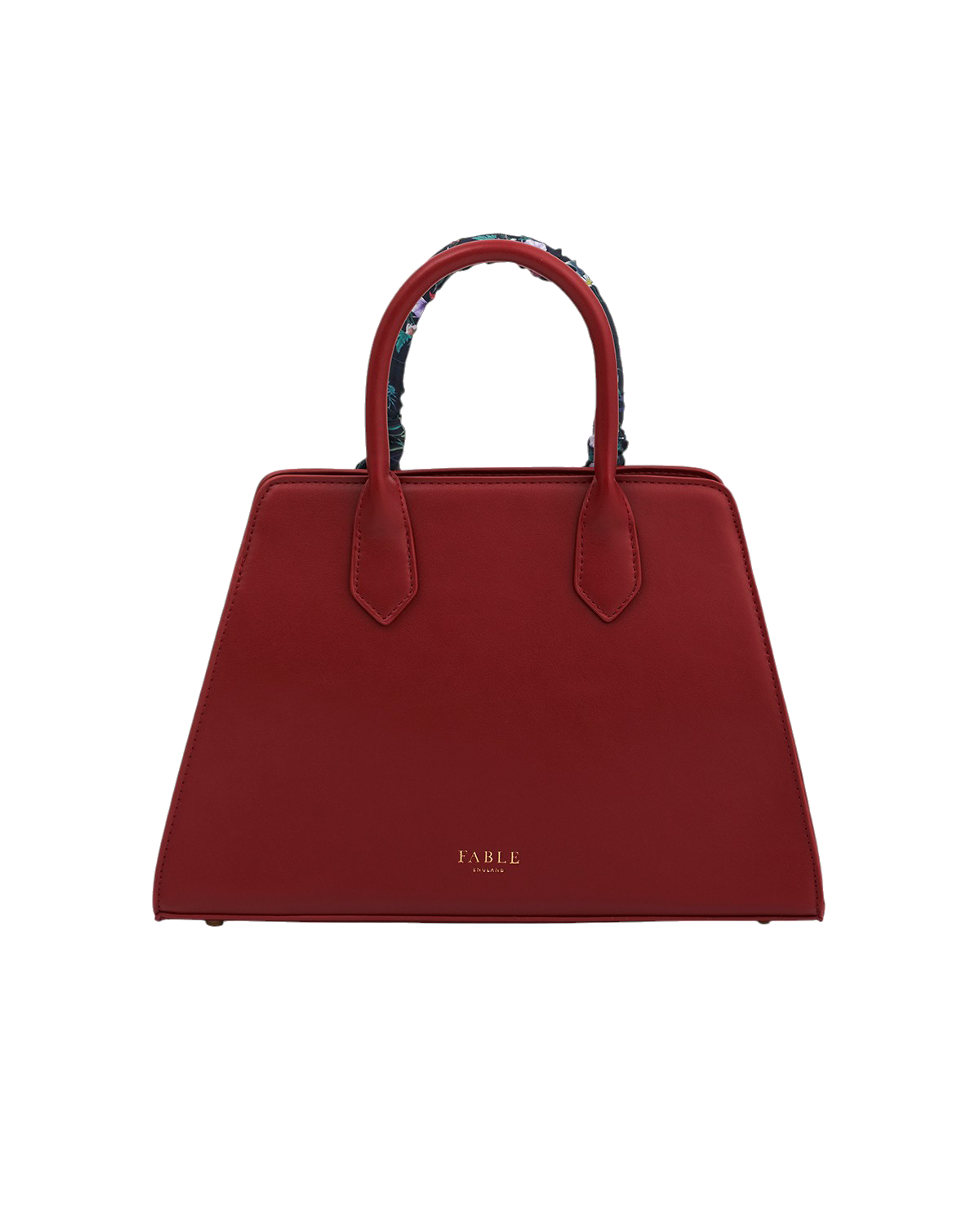 Red handbag with floral pattern on handle on a white background