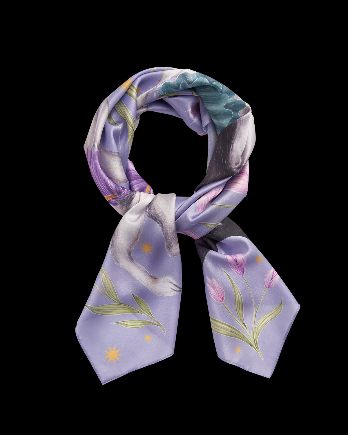 Foulard carré en soie Bouledogue Pet Portraits par Catherine Rowe lavande