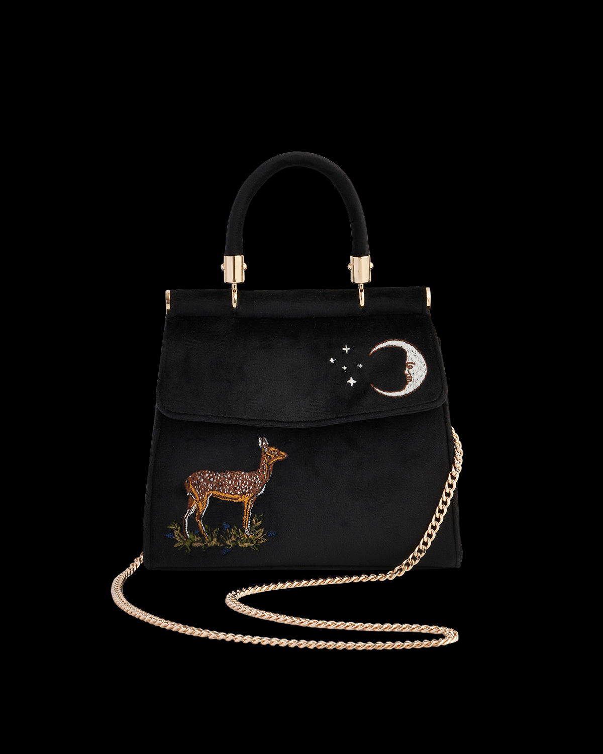 Deer & Moon Embroidered Black Velvet Tote