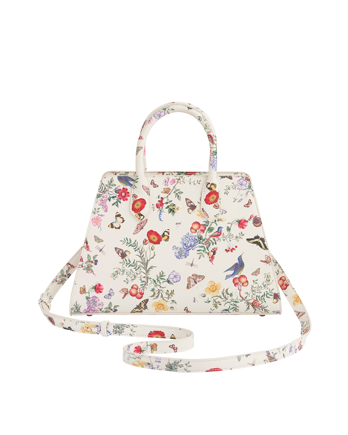 Floral patterned handbag with a strap on a white background