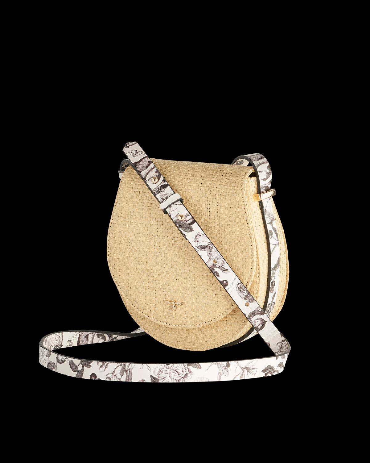 Bolso Saddle Rafia Tree Of Life Blanco y Negro