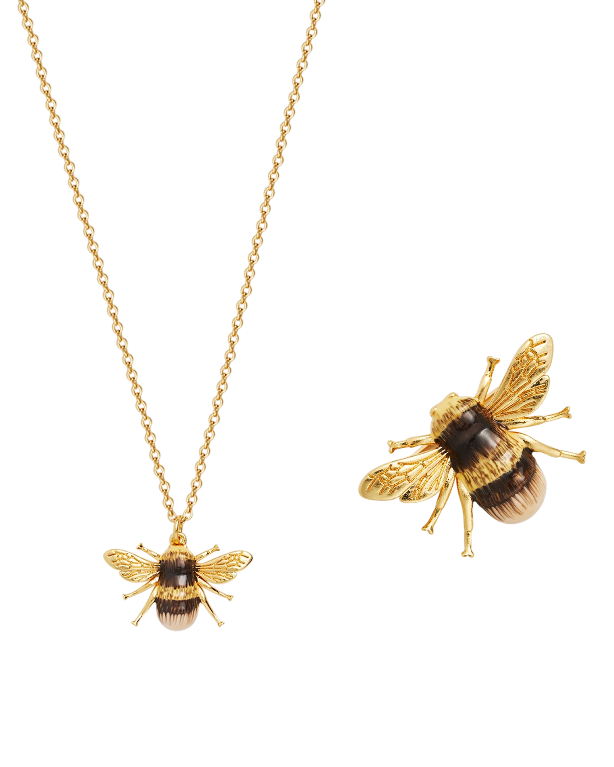 Gold bee-shaped pendant on a chain against a white background