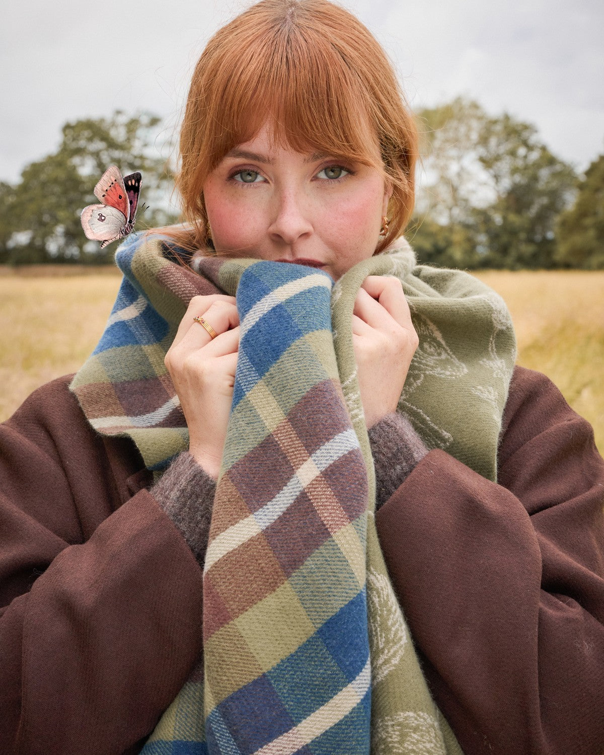 Woodland Scene Check Jacquard Long Scarf in Khaki