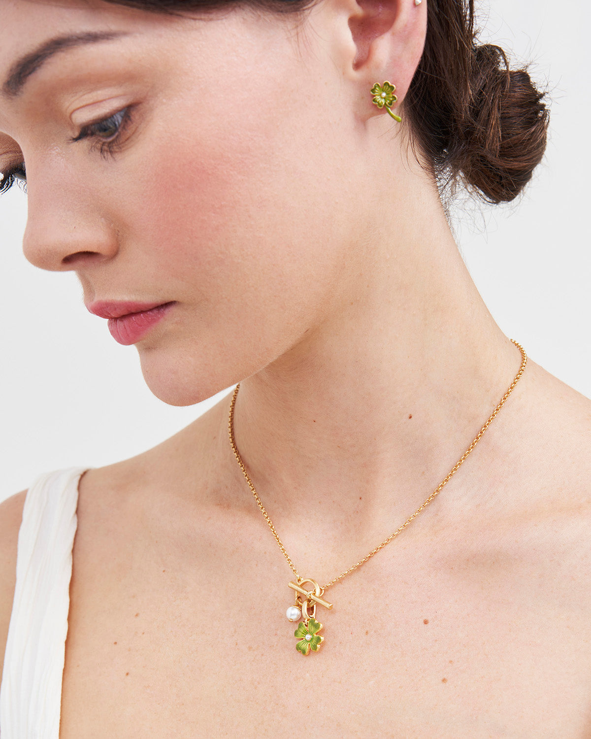 Gold Lucky Clover & Pearl Toggle Necklace