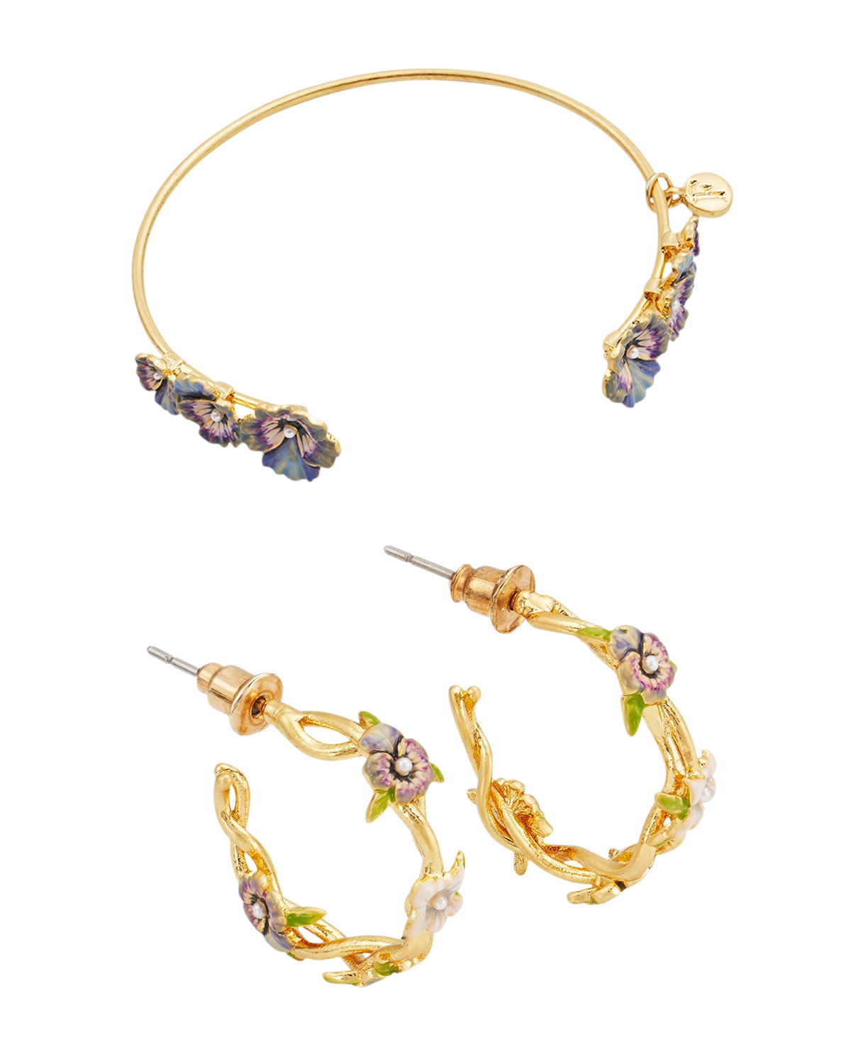 Gold hoop earrings with floral designs and matching bangle