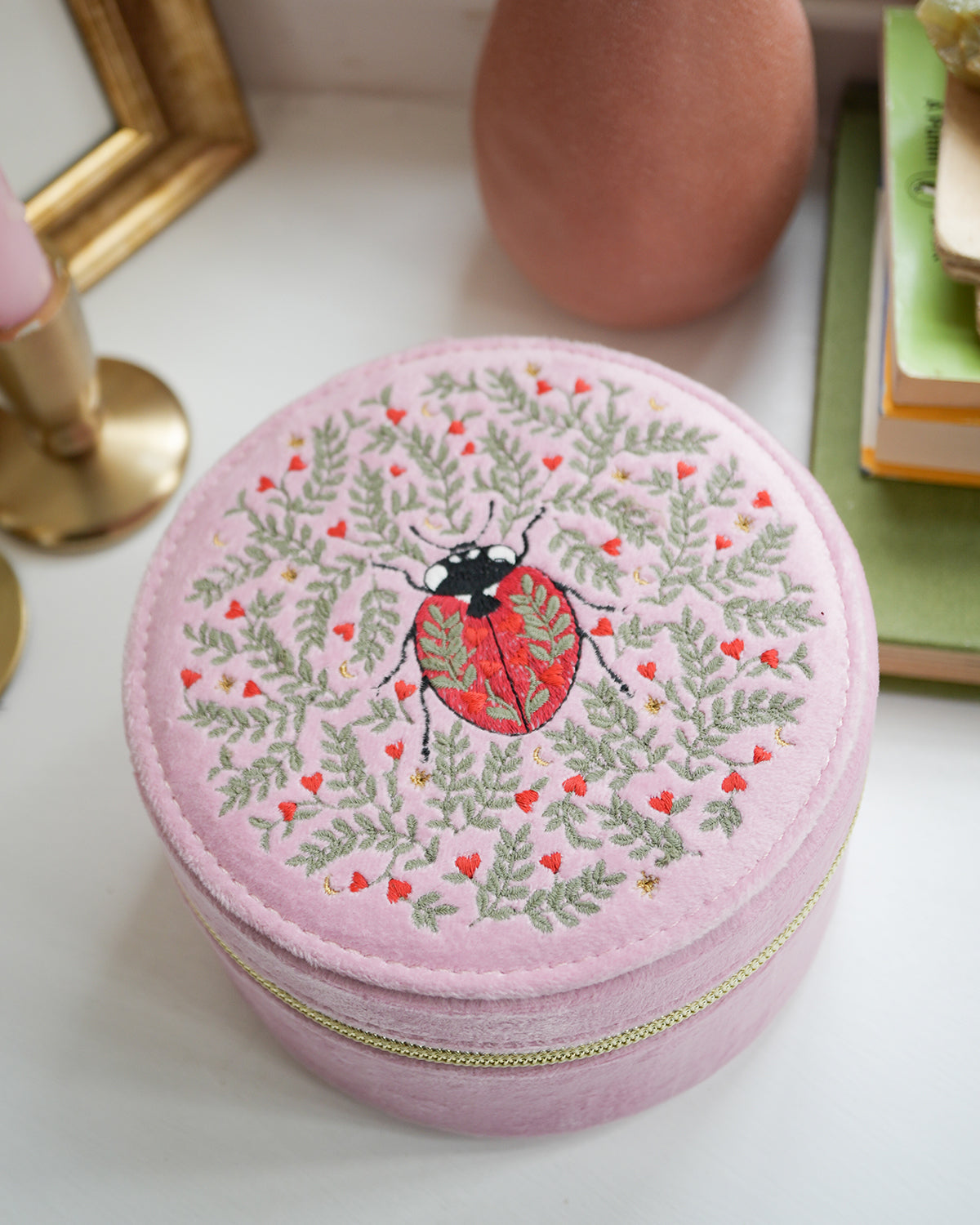 Pink Ladybird Velvet Embroidered Circle Jewellery Box