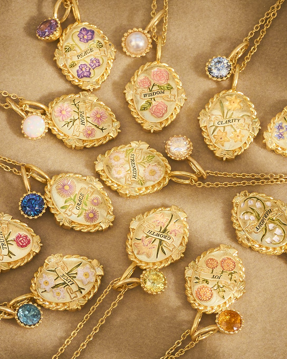 Precious by Nature birthstone necklaces with birth flower charms in gold