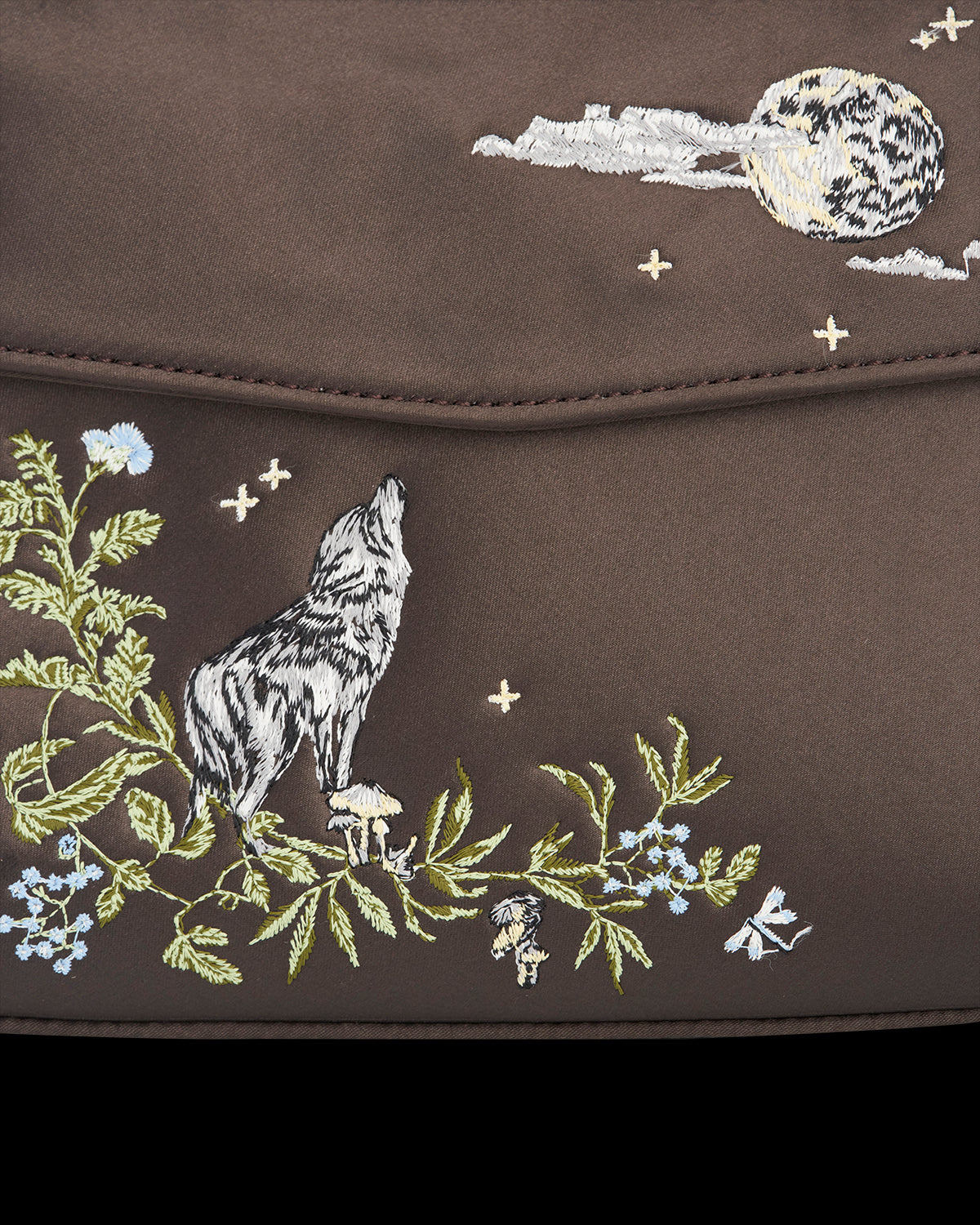 FABLE キツネとキノコの刺繍入りバーガンディサテントートバッグ FABLE キツネとキノコの刺繍入りバーガンディサテントートバッグ