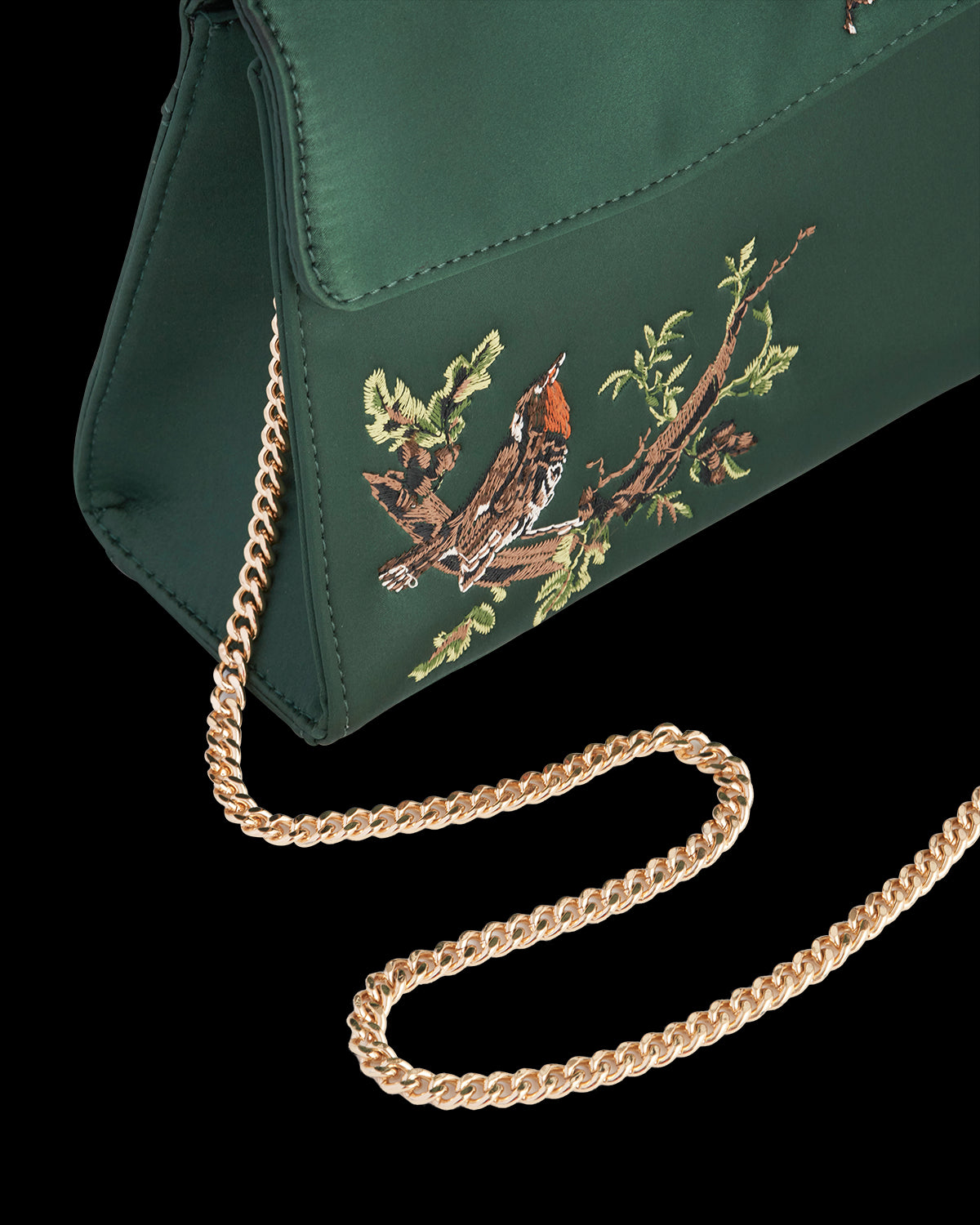 Robin Love Embroidered Green Satin Tote