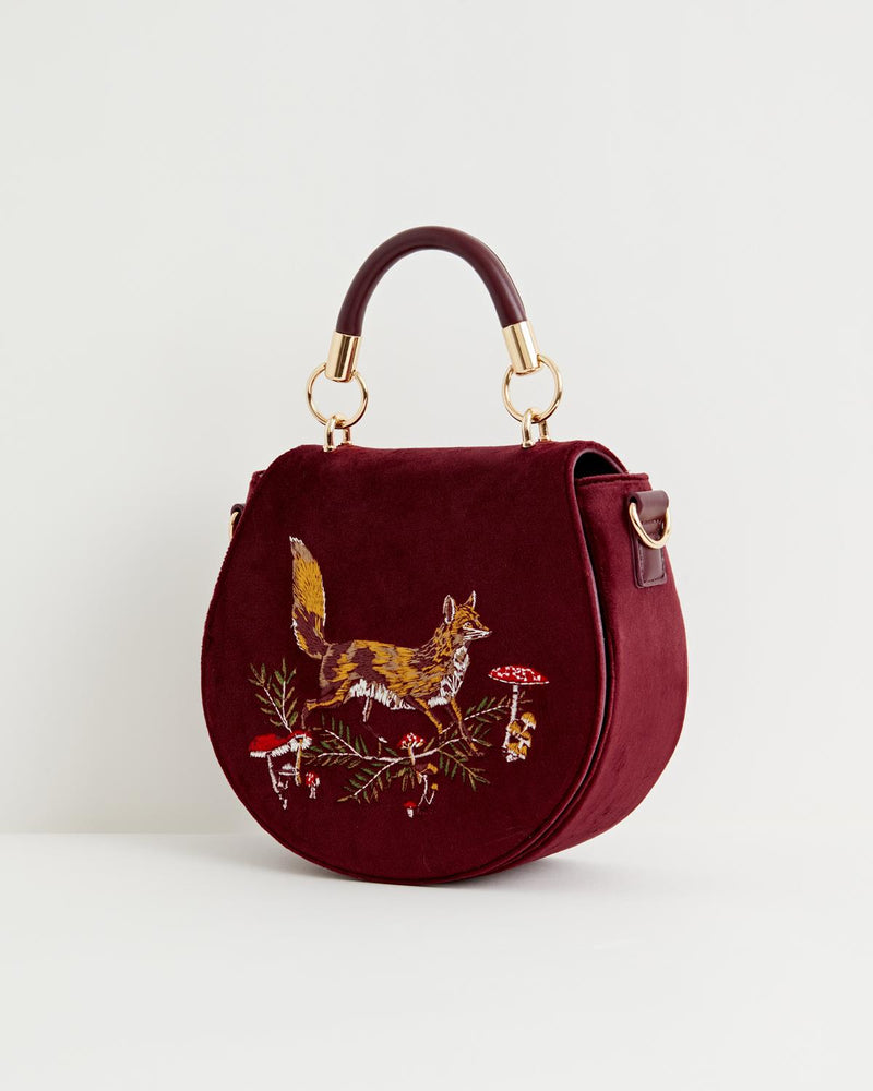 Fox & Mushroom Embroidered Saddle Bag - Redcurrant Velvet