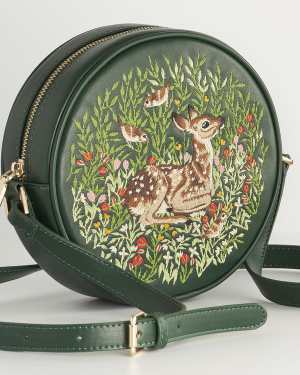 Fawn Embroidered Round Saddle Bag - Green by Fable England