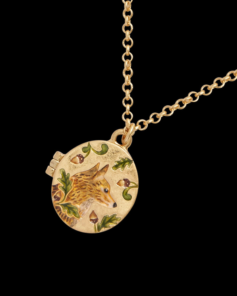 Fox & Acorn Oval Chain Locket Necklace