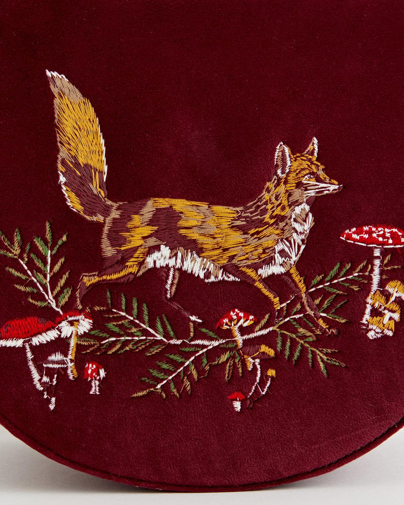 Fox & Mushroom Embroidered Saddle Bag - Redcurrant Velvet