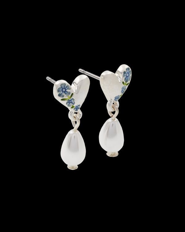 Forget Me Not Heart & Pearl Silver Earrings