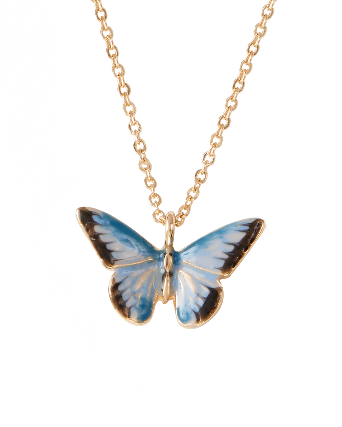 Blue Butterfly-shaped pendant on a gold chain against a white background
