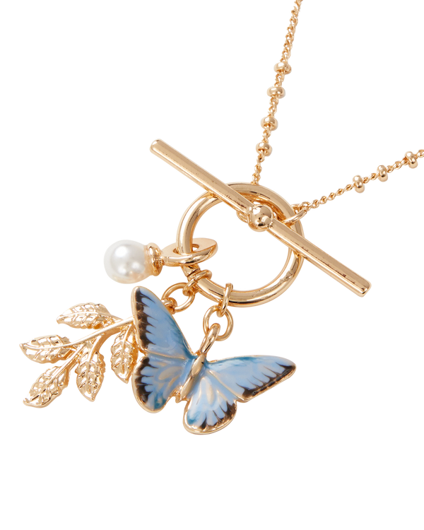 Enamel Blue Butterfly & Leaf Charm Necklace