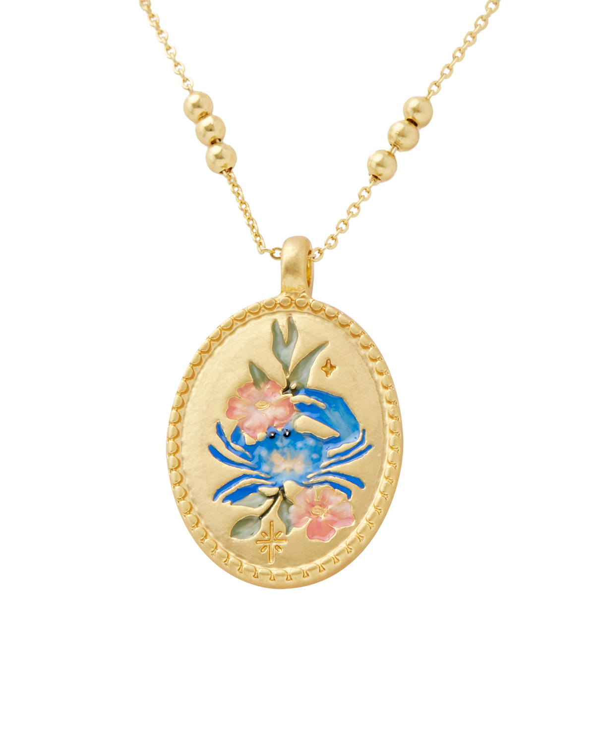 Gold Cancer zodiac necklace with a pendant featuring a blue crab and pink flowers on a white background