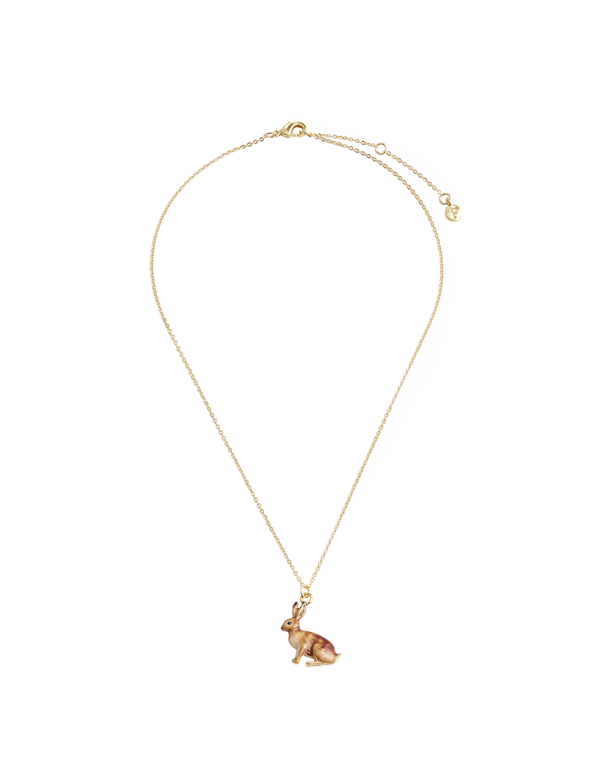 Gold necklace with a bunny pendant on a white background